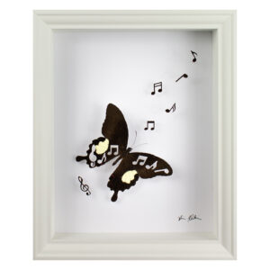 Vanitas 2 is an artwork by Fiona Parkinson, is features a taxidermy butterfly with music notes