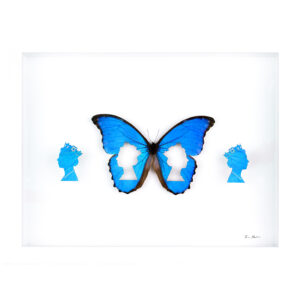 Maam Butterfly made by Fiona Parkinson, Queen Elizabeth cut from the wings of a Blue Morpho Butterfly